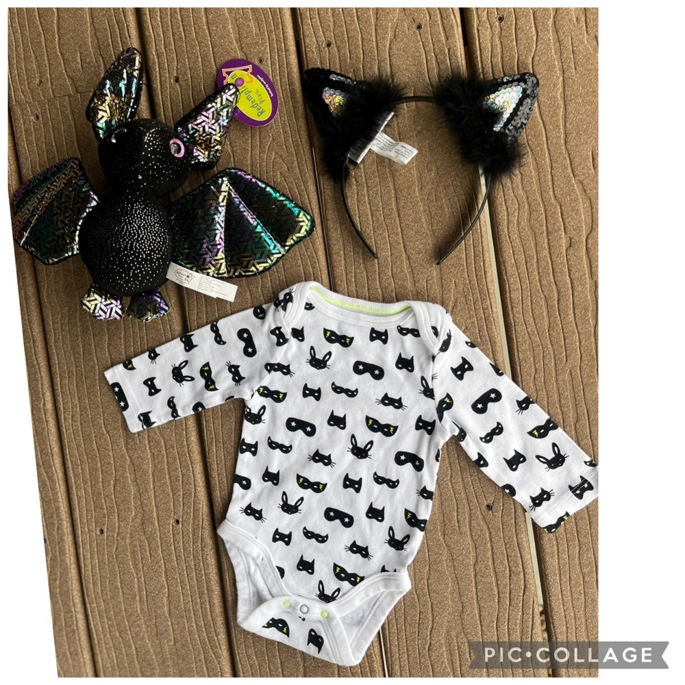 Baby Halloween Cat Outfit 0-3M Onesie Cat Ears Bat Plush Bundle